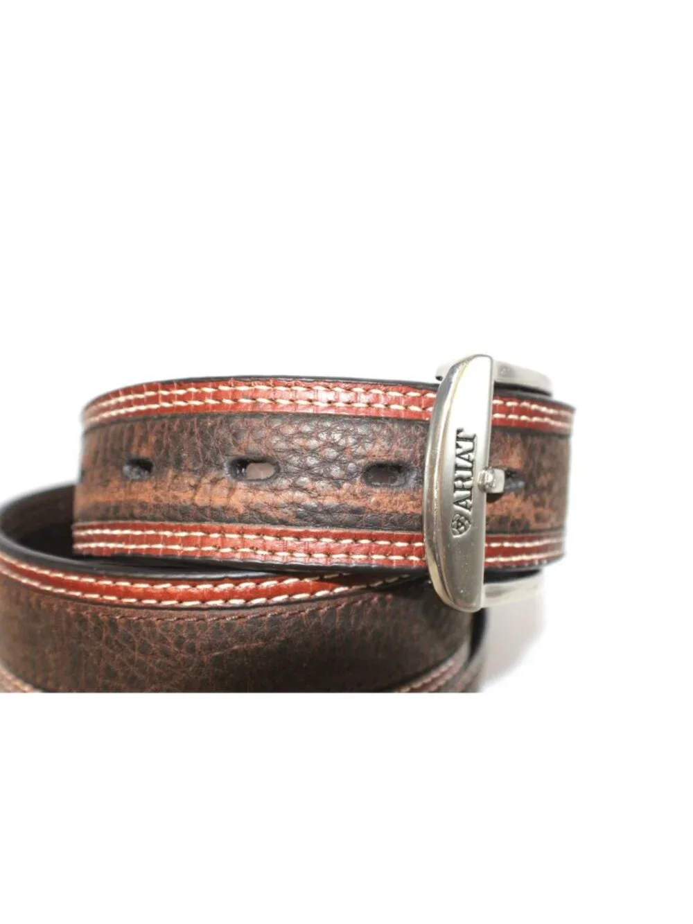 Ariat Mens 46 Two Tone Brown Genuine Leather Belt Double Stitching Silver Buckle